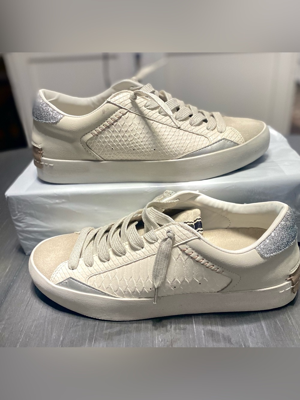 ShuShop Cream Low-Top Sneakers with Silver Heel Accent
